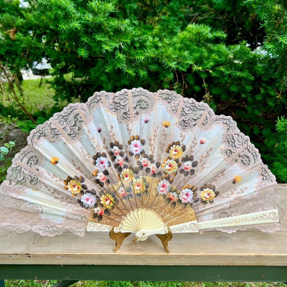 Made In Spain Hand-Painted Floral and Lace Folding Fan
